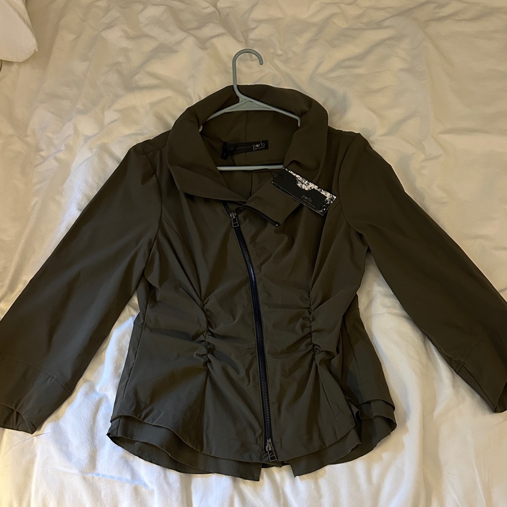 Ruched Olive Utility Jacket with Asymmetric Zip